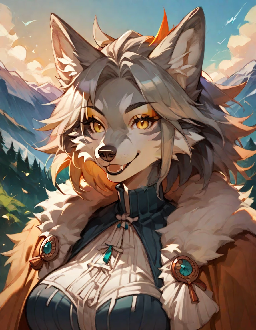 score_9, score_8_up, score_7_up, source_anime, (wolf girl), fur, [muscular:0.7], large breasts, sexy smile, slight smile, happy, (dressed as a Mountain druid), character portrait, upper body, rating_safe, <lora:Anime_Furry_Style:1>