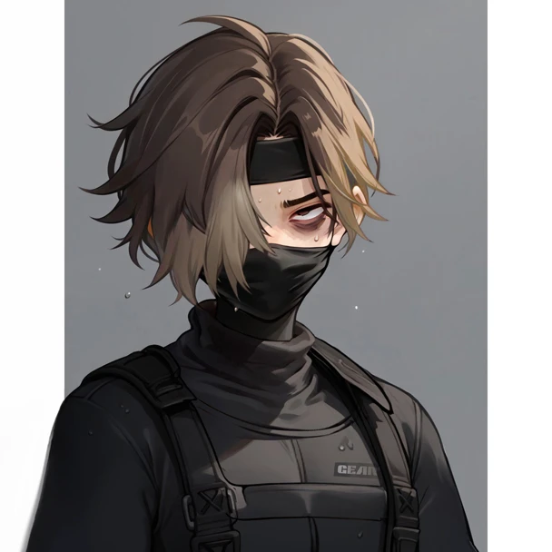 score_9, score_8_up. score_7_up, (((1boy))), all black clothes, hair over one eye, mask, mouth mask, covered mouth, ninja mask, gloves, black pants, black tracksuit, backpack, black gloves, male focus, black headband, black wetsuit, dark blonde hair, anime hair, bodysuit, parted bangs, d1sheveled, bags under eyes, messy hair, exhausted, sweat, neck corset, gagged, covered neck, turtleneck