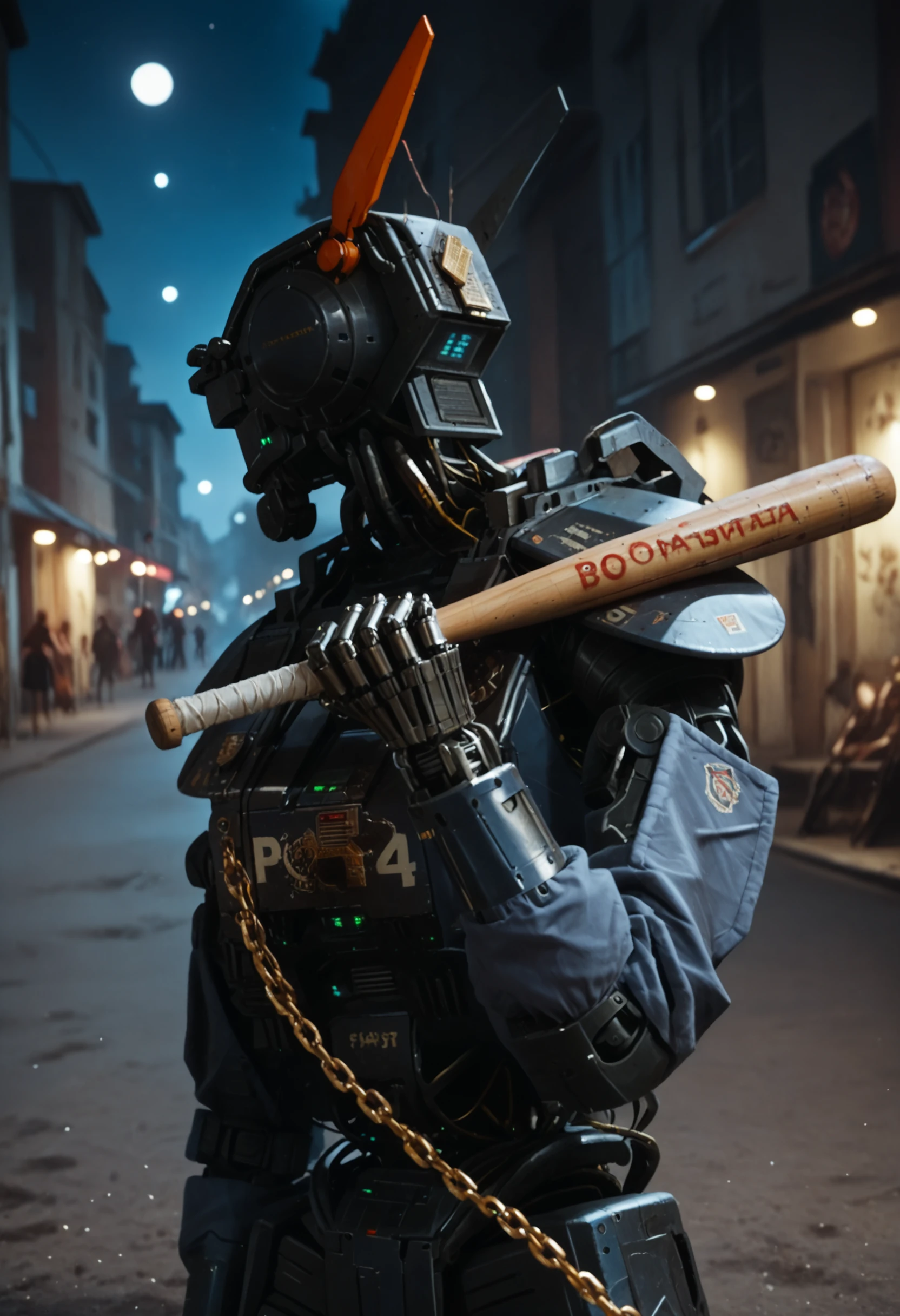 score_9, score_8_up, score_7_up, chappie, robot, solo, gold chain, jewelry, gangsta, threatening, upper body, holding baseball bat, bomber jacket, night, streets