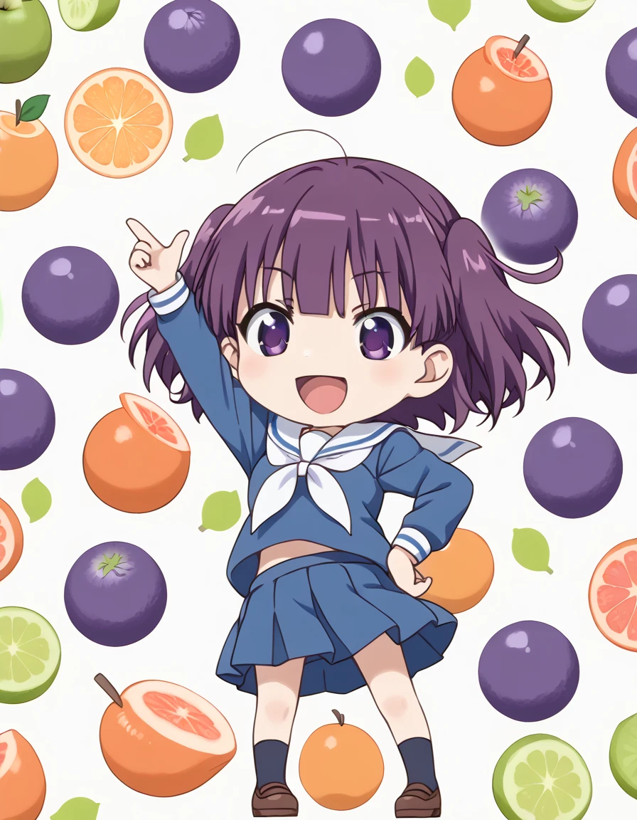 <lora:MorinoKirin_pony_v01:0.8> 1girl, solo, morino kirin, chibi, full body, purple eyes,  serafuku, blue shirt, long sleeves, white sailor collar, white neckerchief, blue skirt, smile, open mouth, spread arms, arm up, hand  on hip, open legs, fruit background