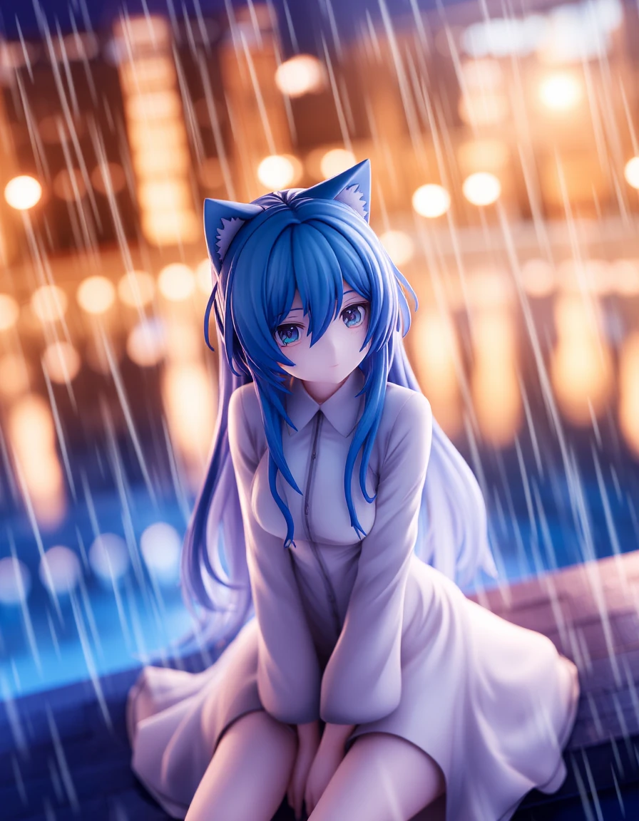 1girl, solo, blue hair, cat ears, parted bangs, long hair, looking at viewer, white dress shirt, rainy, sitting