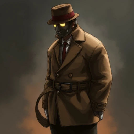 q (street fighter), glowing yellow eyes, belt, male focus, from front, standing, mask, hand in pocket, fedora, from side, from behind