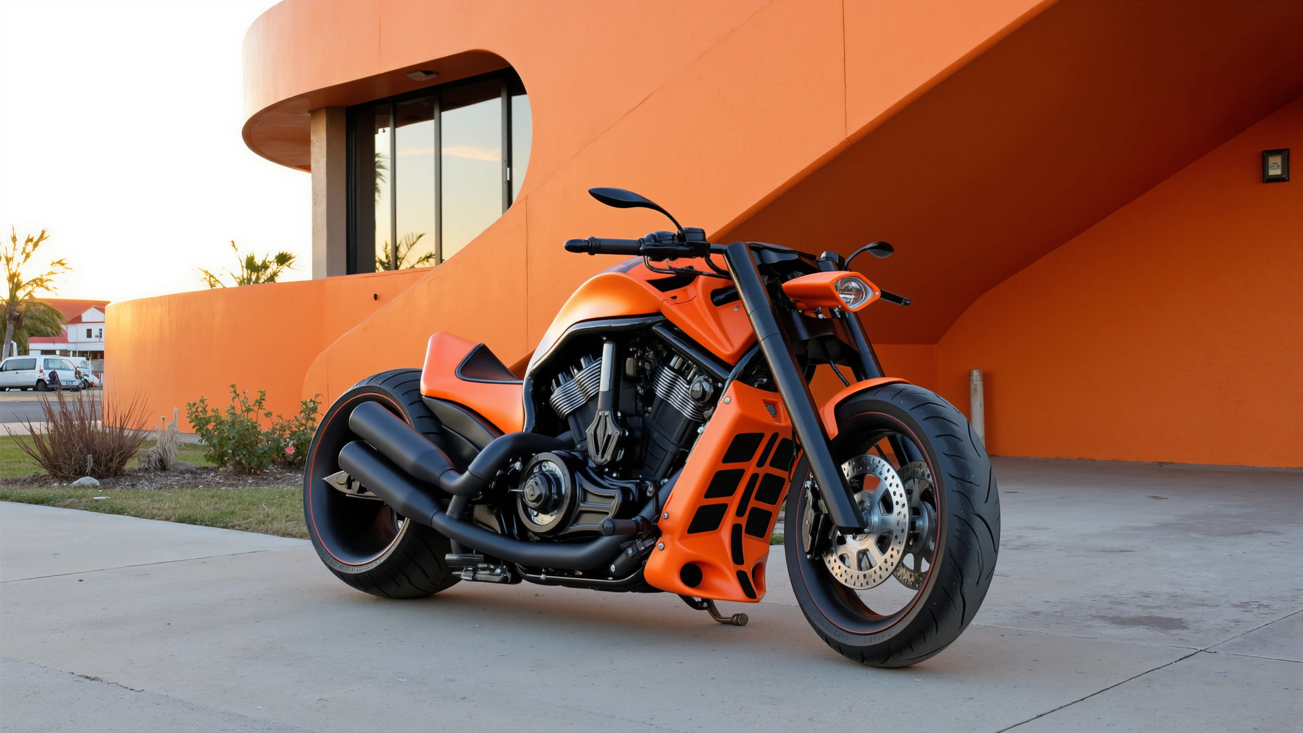 NGT,motorbike A is parked in front of a modern, minimalist building with bold, futuristic architecture. The building's structure features smooth, flowing lines and large, curved windows, all painted in a deep, rich orange that complements the motorbikes's finish. The NGT glossy orange paint reflects the soft light of the sky, while its design is sharp and luxurious, creating a perfect blend with the modern architectural environment. The scene is bathed in soft, golden-hour light, enhancing the contrast between the car and the building, giving the image a polished, elegant, and contemporary feel.