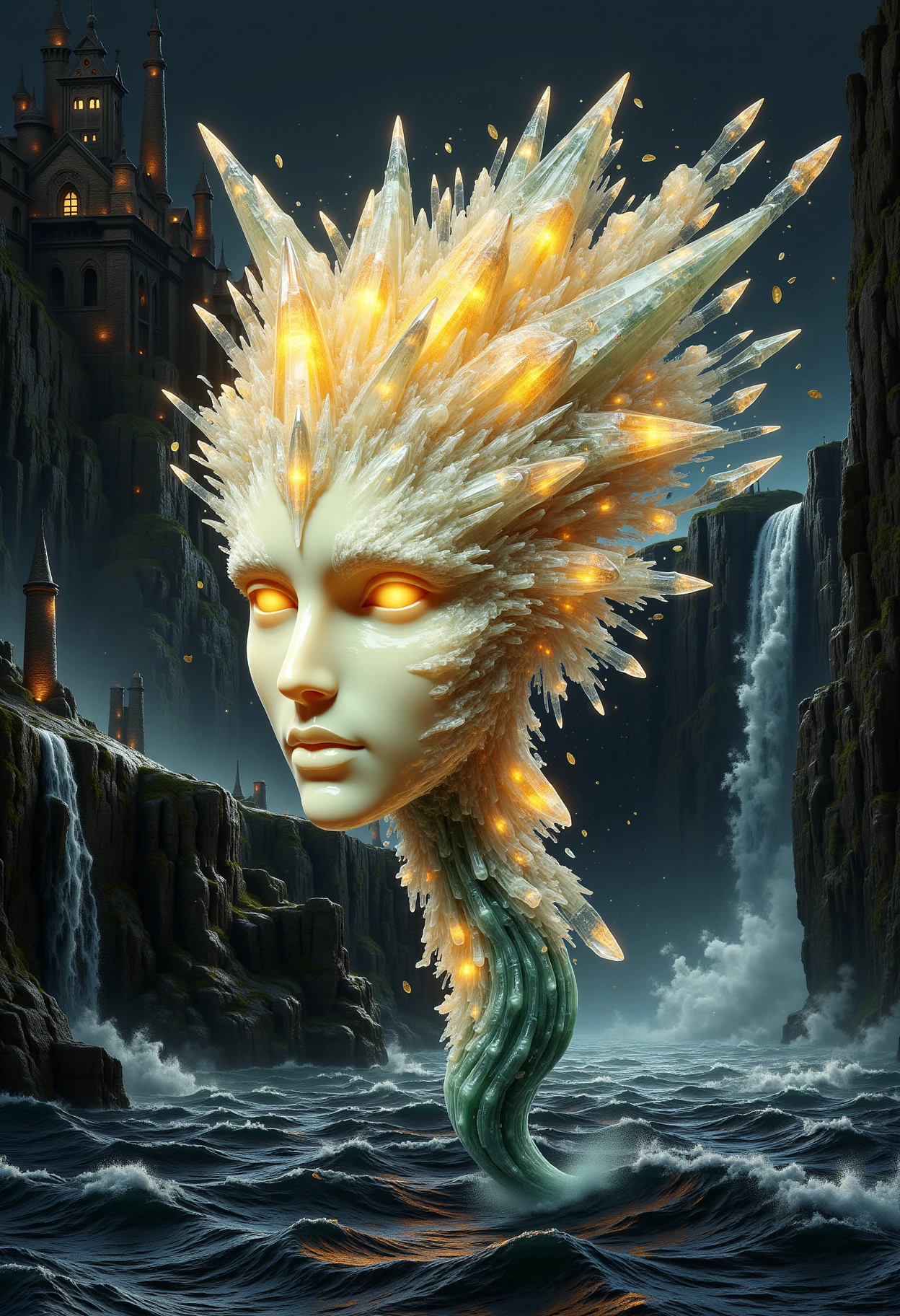 donmw15pFX floating wisp head made of cream maritime crystal,   steampunk city,abyss,,seaside cliffs,roaring waterfall, <lora:FLux\donmw15pFX-000009.safetensors:0.8>,