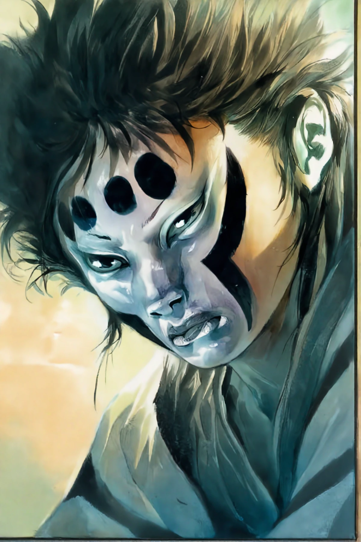 <lora:Mask-of-Fudo_pony_v1:1> portrait \(genre\),illustration \(style\),from "legends of the pierced veil: the mask of fudo" an illustration of  a young girl with face paint, score_9, score_6_up, score_7_up