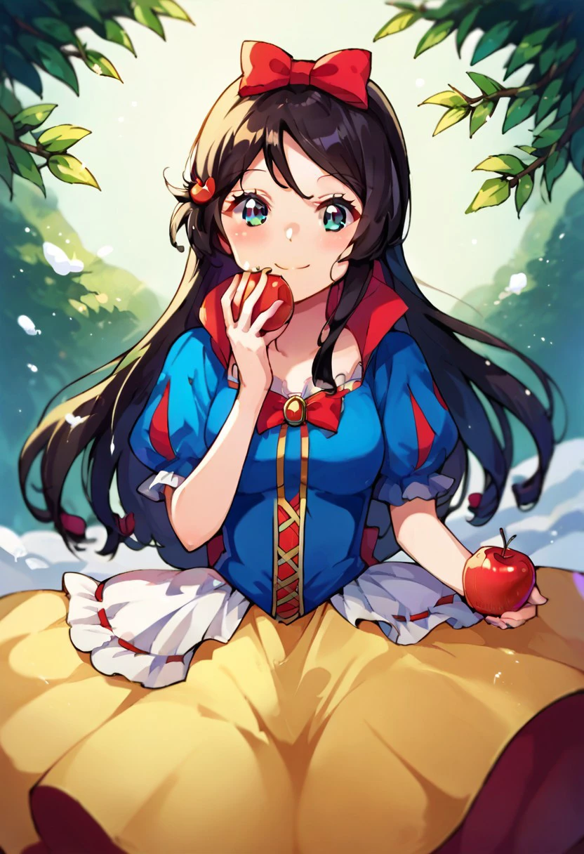 score_9, score_8_up, score_7_up, source_anime, snow white (grimm), 1girl, solo, bow, looking at viewer, hair bow, dress, food, apple, blush, smile