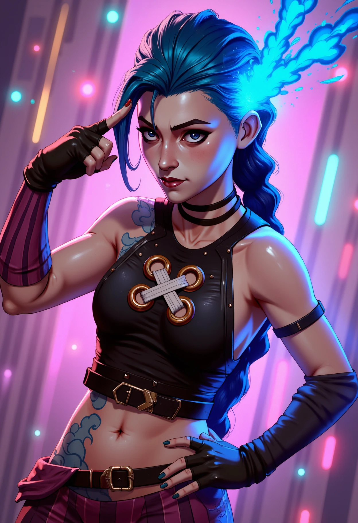 A dynamic edgy digital illustration of a jinx pointing at her to head at her head with one hand with a blue neon explosion coming from the other side of her head while her other hand rests on her hip, wearing a black crop top,  fingerless gloves, striped pants, set against a vibrant background filled with  bright neon colors.
<lora:jinxFlux:1>