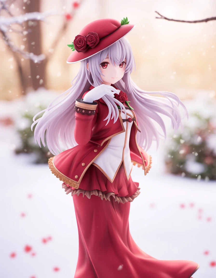 1girl, solo, outdoors, looking at viewer, flower, gloves, grey hair, hat, jacket, long hair, long skirt, long sleeves, looking at viewer, open clothes, open jacket, pantyhose, red eyes, red flower, red hat, red jacket, red rose, red skirt, rose, shirt, skirt, smile, snowing, standing, white gloves, white shirt