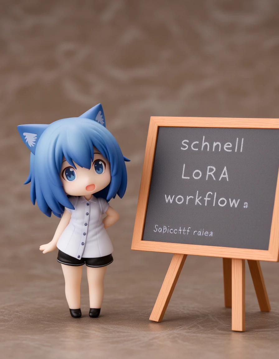 1girl is standing leftside by a blackboard rightside. pvc style. from front shot,
1girl; 1girl, nendoroid, blue hair, medium hair, cat ears, looking at viewer, white dress shirt, black shorts, arm up, open mouth, chibi.
blackboard; blackboard with wooden frame and feet, text of "schnell LoRA workflow" on the board.
