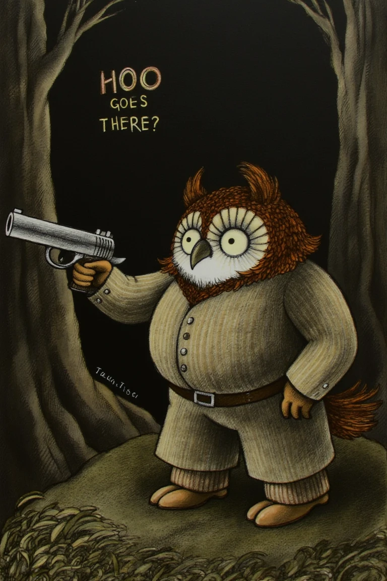 An owl with a handgun and the text "HOO GOES THERE?" in a dark woods