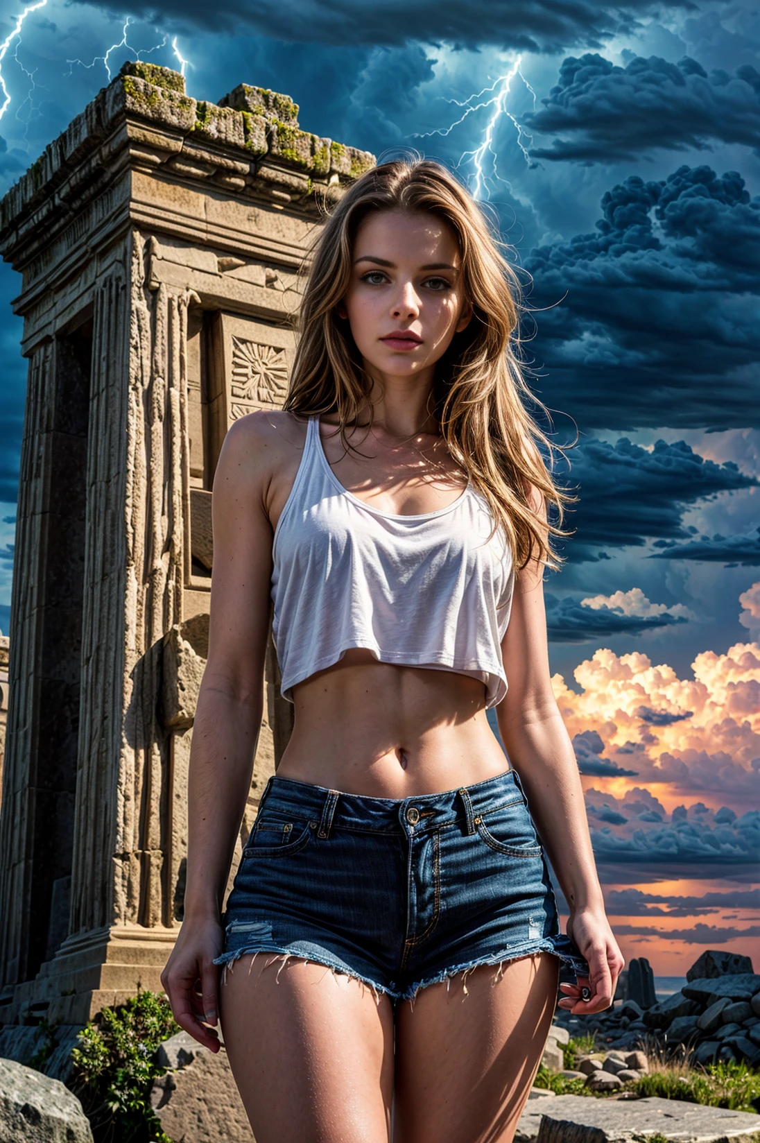 (Masterpiece, best quality, highres:1.2), (photo realistic:1.2),raw photo ,professional full shot photo of a woman, naked, thighs,  extra-long straight brunette hair, cut off tank top, highly detailed, one of her eyes is scratched, standing Infront of a stone monolith, dark stormy sky, lightning, <lora:add_detail:0.67> Downloadable Commercial Use Model Merging,  <lora:PAseer-SD15-LCM Quick:0.15>