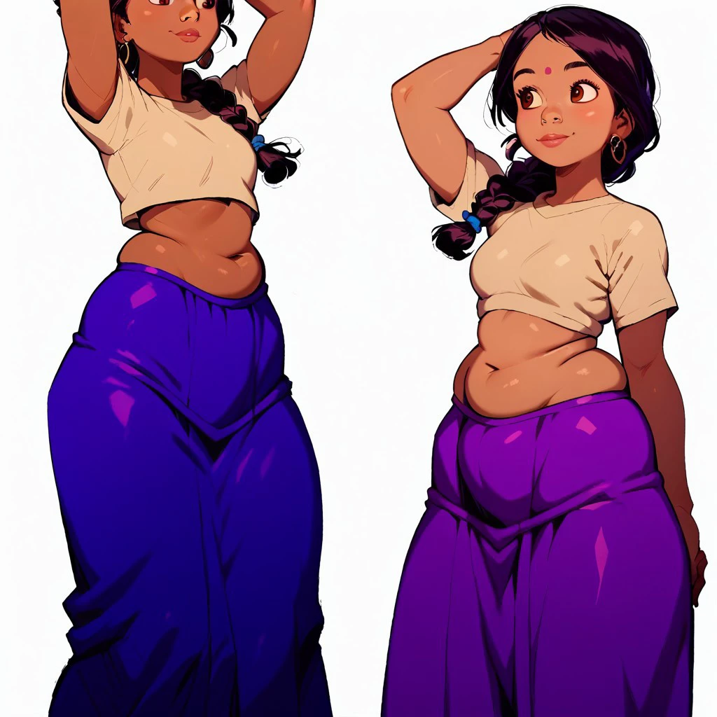 score_9, score_8_up, score_7_up, score_6_up,
1 Girl , ShantiJB2 , Black hair , Braided ponytail , Midriff , Brown eyes , Beige shirt ,purple skirt, Purple long skirt ,conceptart,multiple views,white background,simple background,roumgu style,hprhndls, bottom heavy, chubby, belly,, visible feet,low angle,