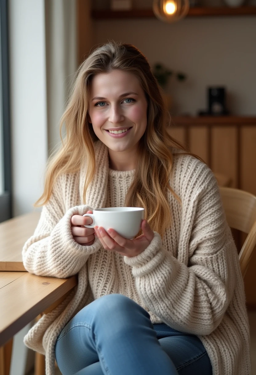 xev bellringer, woman is shown enjoying a coffee at a chic café, dressed in a cozy sweater and jeans. Her hair is styled in loose waves, and she has a relaxed, friendly smile. The background features a minimalist café interior with light wooden tables and soft lighting.