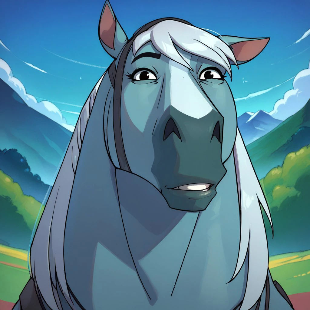 score_9, score_8_up, score_7_up, 
BREAK
h0rs3, 1girl, beautiful face, feral horse, unsure, jewelry, upper body, mountain, blue sky, horse ears, no humans, blurry background, circle eyes, solo, looking at viewer, standing, tail, head shot, greyish-blue body, white hair, black eyes