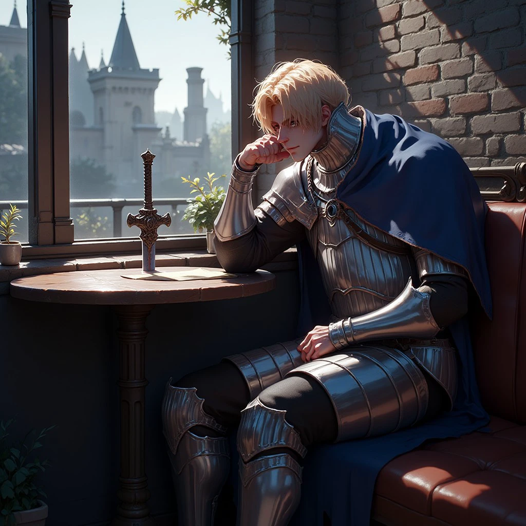 d4arks0uls, a male knight Artorias is sitting in a modern cafe looking out the window, wearing full armor, with a blue cape, his sword is leaning against the table next to him, his head is resting in one hand, it's late afternoon and the mood is lazy and depressing