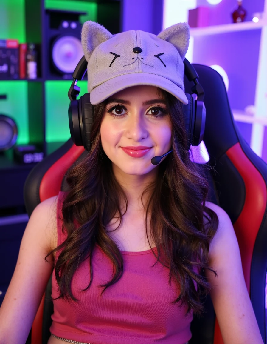 In this image, a woman is seated in what appears to be a gaming or streaming setup, surrounded by colorful and dynamic lighting. She has dark brown hair that falls in soft, loose waves over her shoulders, adding to her elegant yet relaxed appearance. Her hair catches the light, giving it a warm, subtle shine that highlights her natural beauty. She is wearing a light gray baseball cap with a cute cat face design on the front, complete with cat ears that stick out from the top of the hat. The cap is a playful and charming accessory, reflecting a fun and lighthearted personality. Over the cap, she wears a large, black gaming headset with padded ear cups and a microphone positioned near her mouth, indicating that she is either gaming or engaging in a live streaming session. Her outfit consists of a sleeveless, dark pink top, which complements her fair complexion. The top has a simple, comfortable style, perfect for a casual indoor setting. The color of the top adds a pop of vibrancy to her overall look, standing out against the more neutral tones of her surroundings. Her face is illuminated by the soft, colorful ambient lighting of the room, which includes hues of purple, green, and blue. These lights create a lively and engaging atmosphere, enhancing the energy of the scene. She has a fair, flawless complexion with a natural, healthy glow. Her eyes are a warm, expressive brown, framed by neatly shaped eyebrows that give her an air of intelligence and poise. Her lips are slightly parted in a gentle, friendly smile, suggesting that she is enjoying herself in this moment. Her pose is relaxed and comfortable; she sits back in a gaming chair with red and black upholstery, which adds a bold contrast to the softer tones in the image. One arm rests casually on the armrest of the chair, while the other may be out of frame or resting on her lap. Her posture conveys a sense of ease and confidence, typical of someone who is accustomed to this environment. The background of the image includes shelves with various objects, possibly gaming equipment or decorations, all bathed in the ambient colored lighting. The overall ambiance of the image is vibrant and playful, capturing the modern, tech-savvy atmosphere of a gaming or streaming environment. The lighting and setting emphasize the energy and enthusiasm of the young woman, who appears to be fully immersed in her activity.
