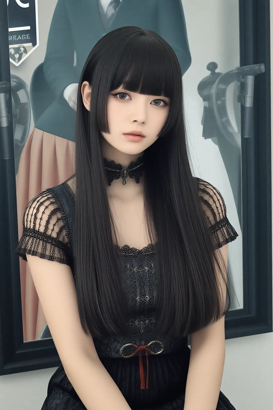 a photograph of a woman, <lora:Hime_Cut_Flux:1> Hime_Cut_Flux,black hair,