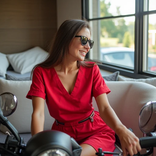 sunglasses, motorcycle, vehicle focus, red dress, building, nurse, window, scenery, pillow, nail polish