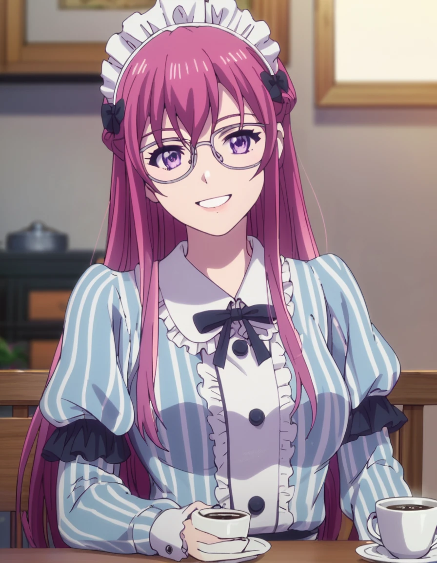 <lora:CafeTerraceGoddesses:1>, score_9, score_8_up, score_7_up, score_6_up, score_5_up, score_4_up, source_anime,  , smile, sitting, drinking coffee Kikka, long hair, pink hair, purple eyes, glasses, maid,