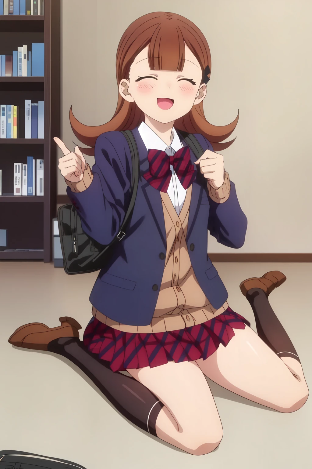 Yamai Ren, 4k, absurd, high resolution, ultra high resolution, high definition, masterpiece, illustration, 2d, anime style, 1girl, solo, long hair, blush, smile, open mouth, skirt, brown hair, shirt, long sleeves, bow, sitting, school uniform, jacket, closed eyes, white shirt, :d, pleated skirt, open clothes, socks, collared shirt, indoors, blunt bangs, bowtie, bag, red bow, open jacket, kneehighs, ^_^, red skirt, wariza, blazer, cardigan, blue jacket, black socks, facing viewer, school bag, bookshelf, brown cardigan<lora:EMS-465179-EMS:0.800000>