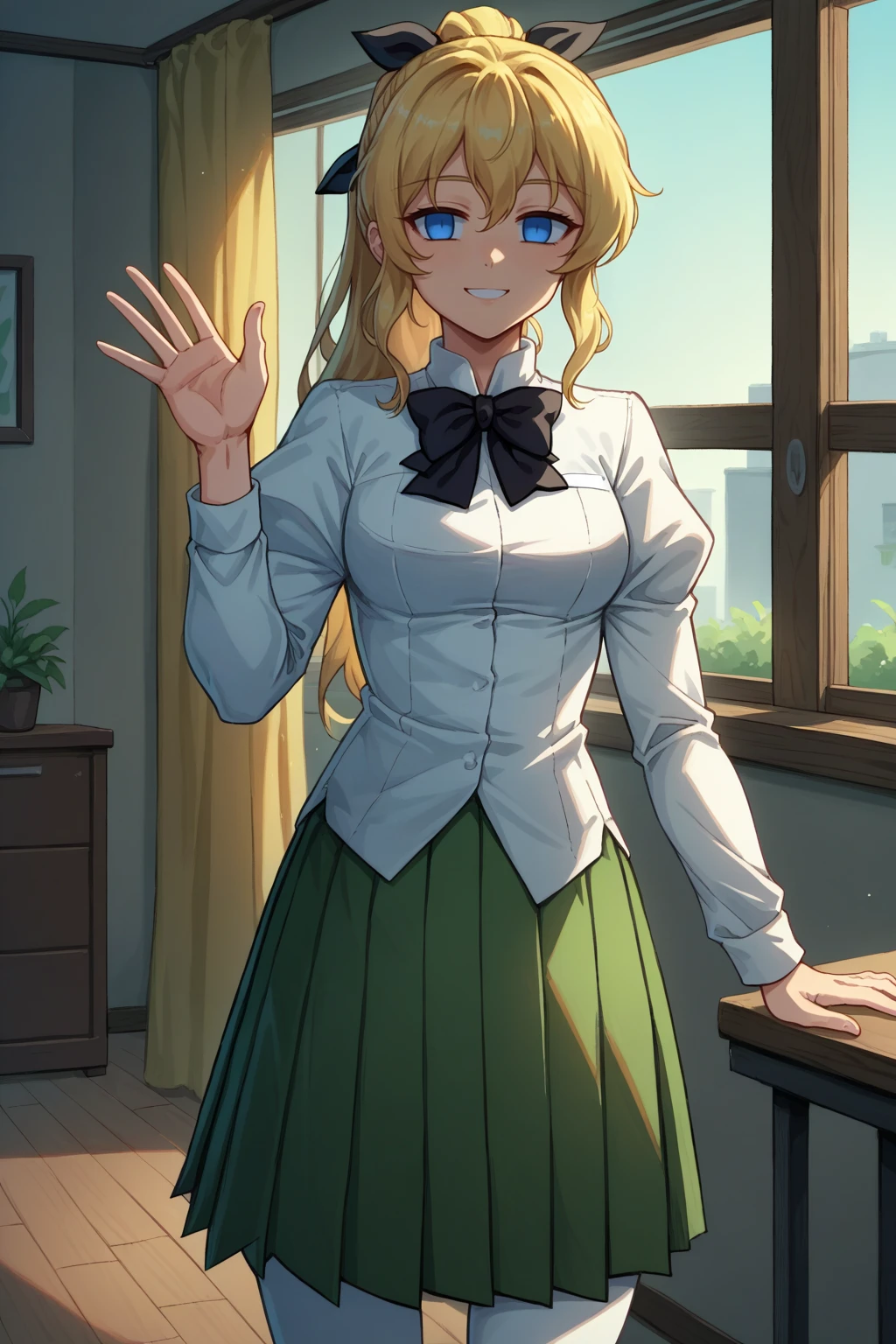 score_9, score_8_up, 1girl, solo, <lora:NSLillyKatawa:1> NSLillyBase, blue eyes, blind, no pupils, blonde hair, long hair, ponytail, black hair ribbon, black bowtie, white collared shirt, puffy sleeves, long sleeves, green skirt, pleated skirt, white leggings, indoors, slight smile, waving