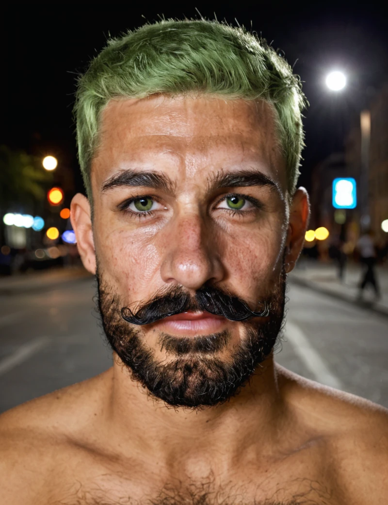 carlosvibrant, thick brows, male focus, green brown eyes, chest hair, short blonde hair, black mustache, looking at viewer, black short beard, spanish, latin, nude, standing, erect veiny penis, city street, night <lora:CarlosVibrant:0.85>