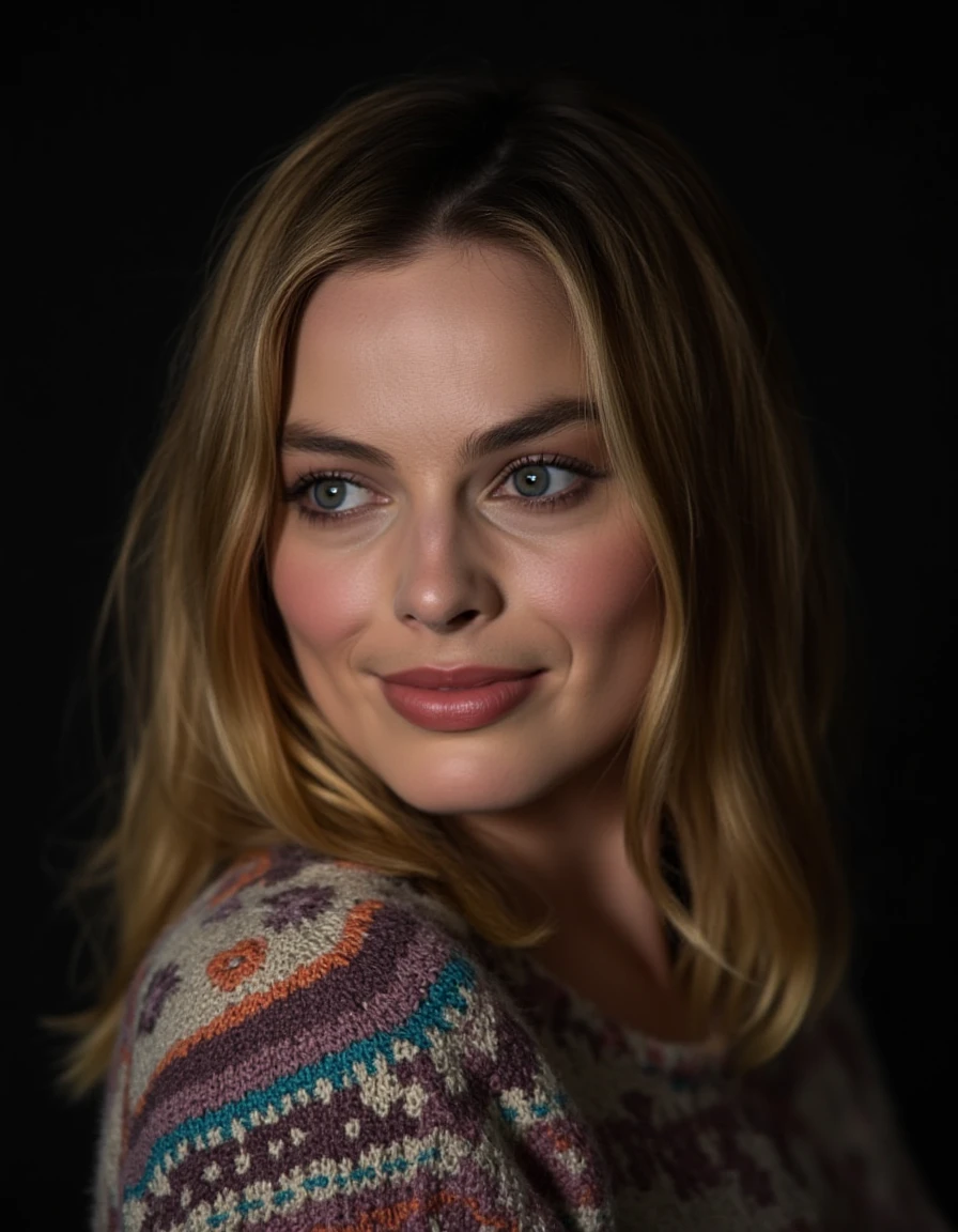 A high res closeup portrait photo of a woman with medium length hair who gazing directly at the camera with a neutral expression.She is wearing a multicolored knitted sweater against a dark background.Spotlight illumination. 
 <lora:Margot_Robbie_2016_FLUX_v1-000037:1>