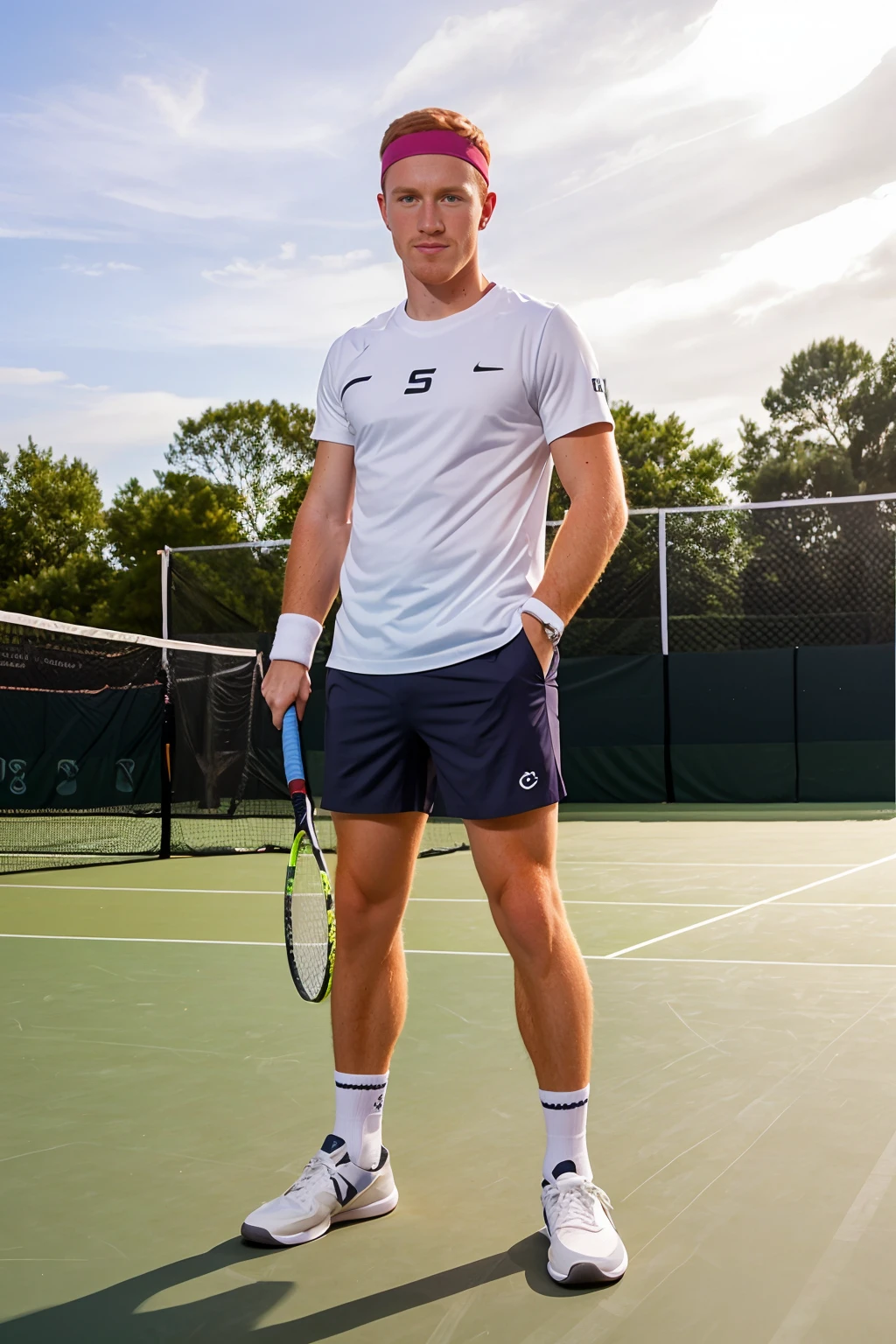 outdoors, tennis court, ginger hair, KennedyCarter is a tennis player, wearing shirt, shorts, socks, sneakers, headband, holding a tennis racket, (((full body portrait))), wide angle <lora:KennedyCarter:0.8>