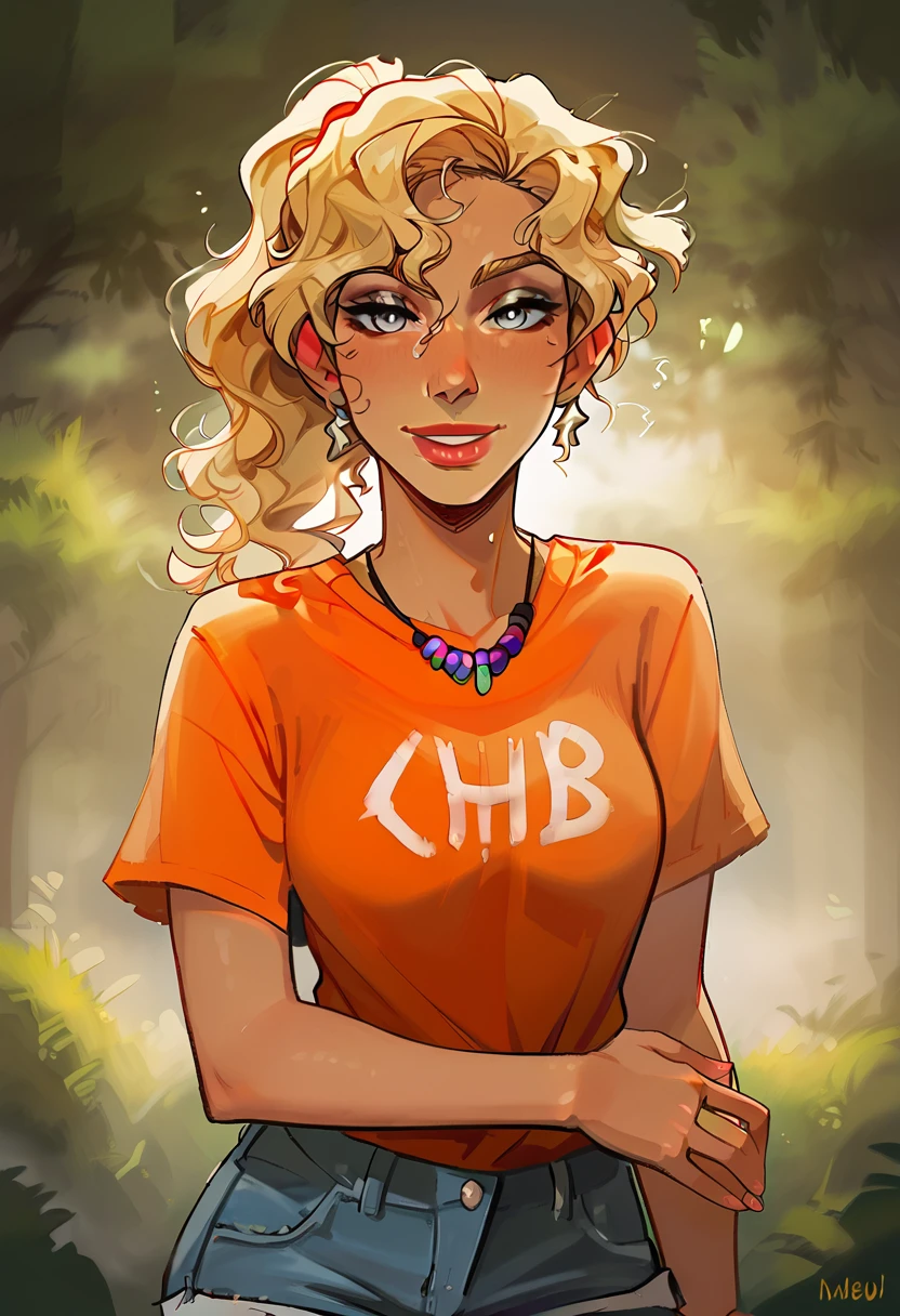 score_9, score_8_up, score_7_up, score_6_up, score_5_up, 1girl, 18 year old girl, blonde hair, stormy grey eyes, looking  at viewer, medium breasts, facing viewer, simple background, cel shaded, orange t-shirt, blue shorts, jean shorts, standing up, smiling, happy, very lightly tanned skin and a slender athletic body, long honey-blond hair set in perfect princess curls like Cinderella, ponytail, (short sleeved shirt), good hands, one arm behind head other arm down, ((no_earrings)), string necklace with a few beads at the front,  <lora:Smooth Anime Style LoRA XL:1> <lora:incase---1:0.8> <lora:add-detail-xl:0.4> <lora:Expressive_H:0.7>,  <lora:15_AnnabethChase:0.7>, Annabeth, orange shirt, chb t-shirt, camp half blood tshirt, camp background