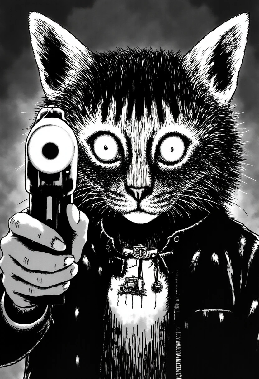 a horror cat holding a gun and aiming it at the viewer monochrome jitostyle. his reflection is wearing a fursuit.    <lora:Junji_Ito_Style_F1D:1.3>