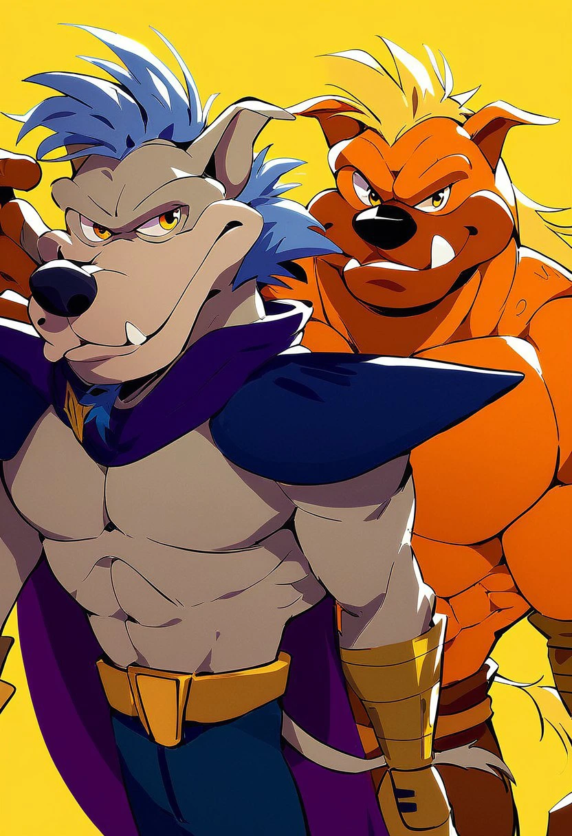 score_9, score_8_up, score_7_up, score_6_up, multiple boys, 2boys, Sleet, tail, blue hair, purple cape, yellow eyes, armor, Dingo, blond hair, muscular male, pectorals, topless male, simple background, dynamic view, checkered yellow background