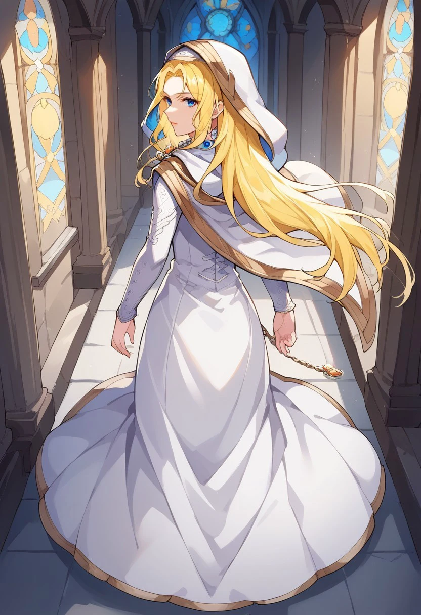 1girl, solo, alone, score_9, score_8_up, score_7_up, masterpiece, high quality, source_anime, very detailed, full color picture, vibrant colors, solo, alone,

NatFEH, blonde hair, long hair, blue eyes, blue gemstone, gold brooch, two-sided fabric, hooded cloak, white hood, hood up, long sleeves, white dress, long dress, white footwear, white boots,

 from behind, full body, from back, church, light from above, walkway, looking back, walking away, 