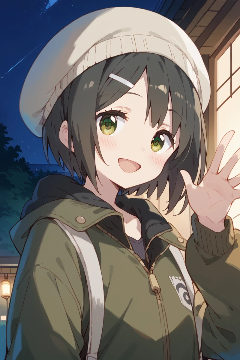 score_9, score_8_up, score_7_up, score_6_up,
 <lora:Kaede_Ikeno:1> kaede, 1girl, solo, hat, hair ornament, smile, open mouth, hairclip, blush, beanie, short hair, looking at viewer, waving, night, black hair, green eyes, jacket,