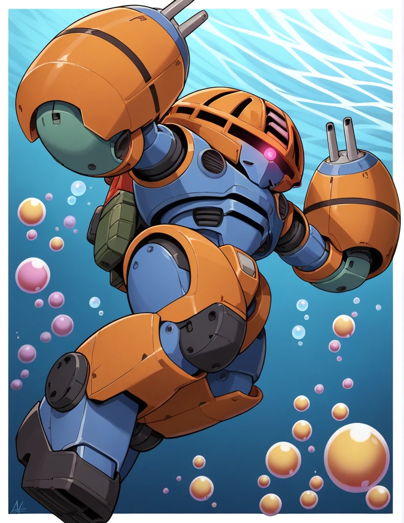 score_6_up, score_5_up, score_4_up, Amphibious Mobile Suit, mecha, blue robot, one-eyed, glowing eye, underwater, air bubbles, solo