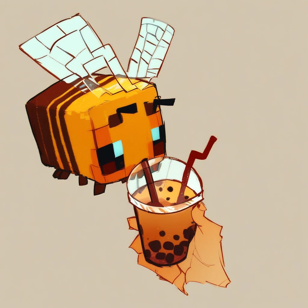 score_9_up, score_8_up, score_7_up, source_furry, Bee, Minecraft bee, pixel style, square Bee, bubble tea, simple background