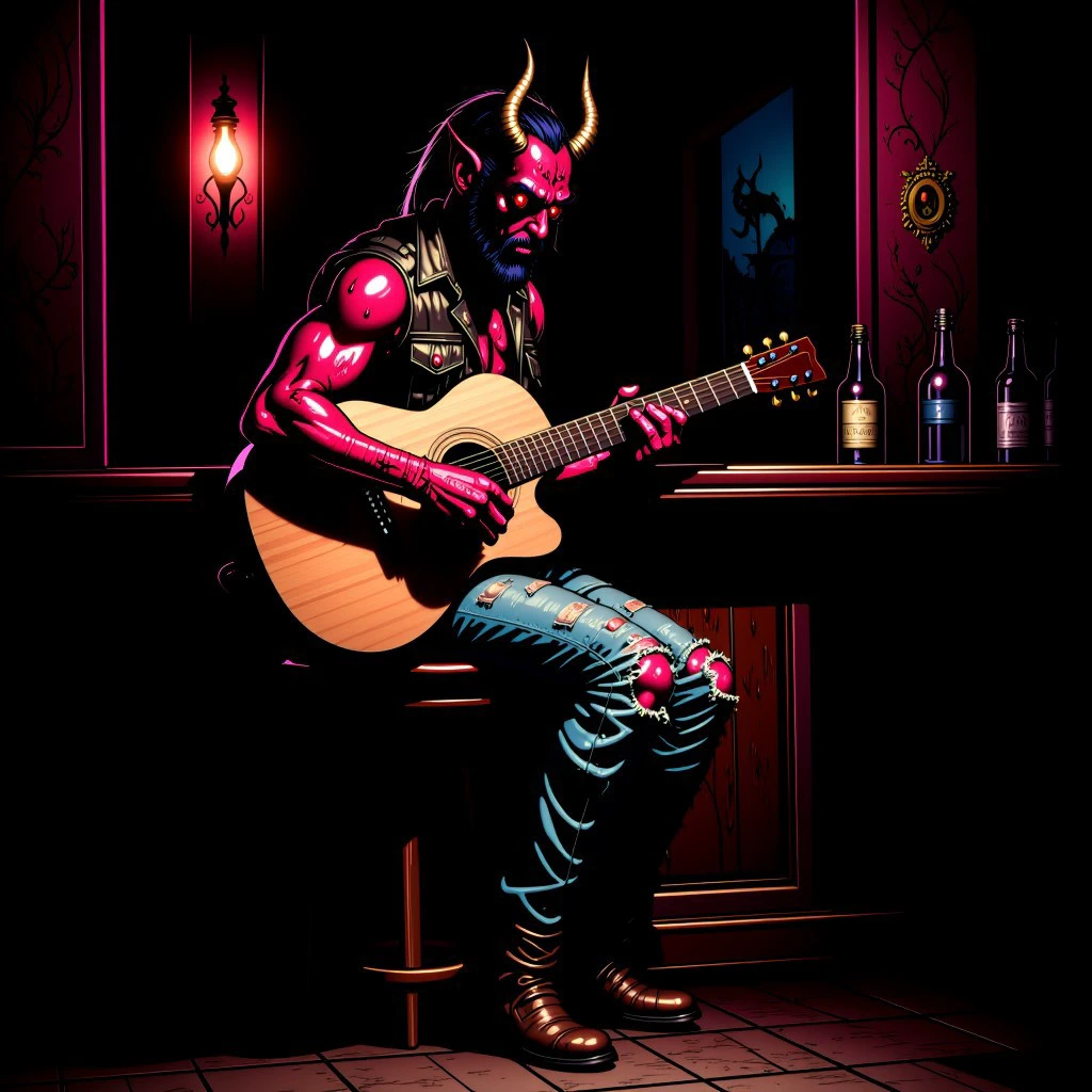 In a dark pub, the devil sits on a barstool facing the viewer and playing a classic guitar. Several empty bottles sit on the bar near him.  The devil's skin is dark red, and he is wearing an old, tattered vest, torn jeans, and old biker boots.