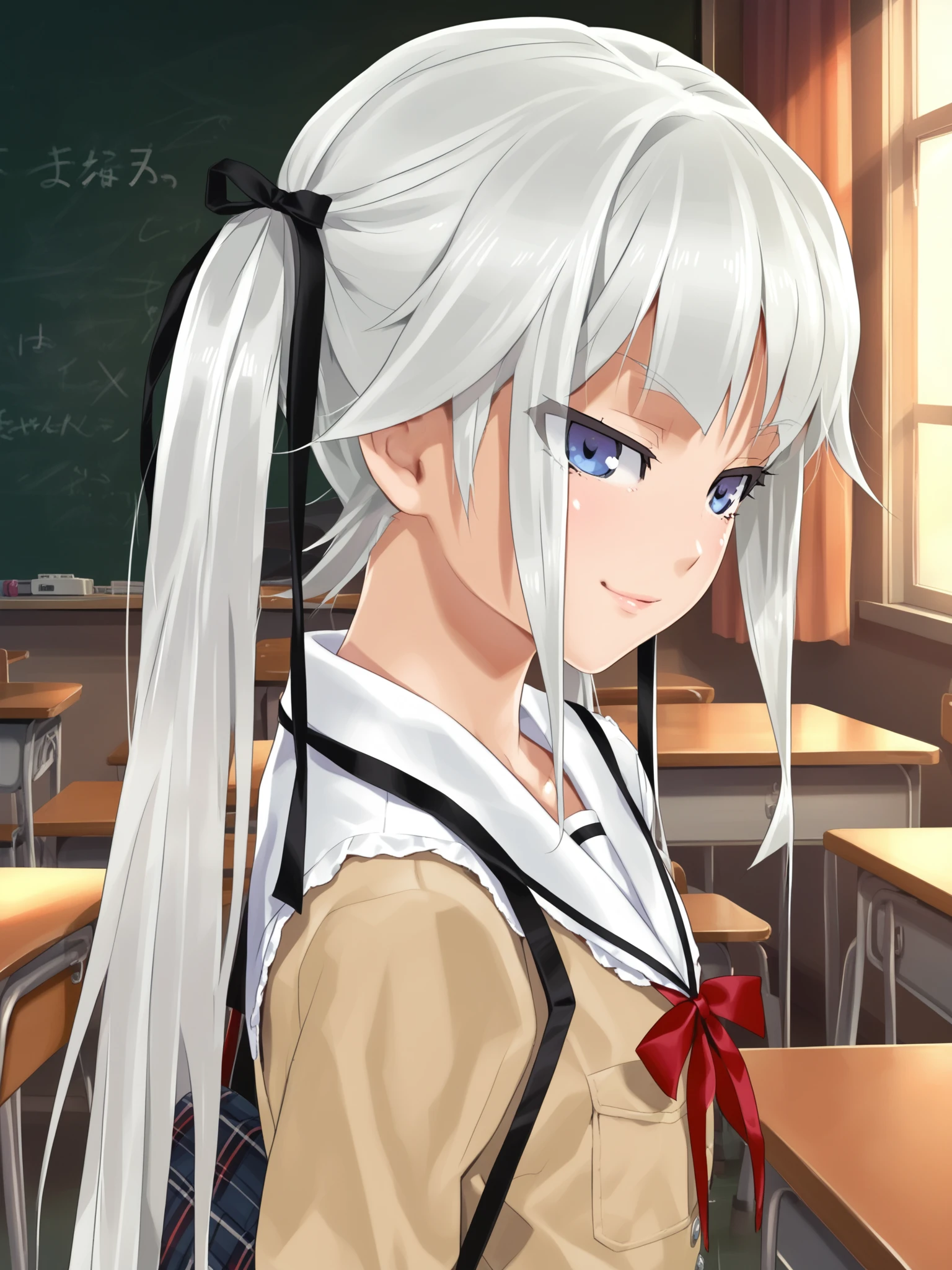 <lora:happy_tentacle-kirie-v0.2-000020:0.9>, ht_kirie (blue eyes:0.6), twintails, (hair ribbon, black ribbon:0.6), school uniform, plaid skirt, school, classroom , 1girl, solo, upper body , , ( seductive smile :1.2), , looking down , , from side , score_9, score_8_up, score_7_up, score_6_up, score_5_up, score_4_up