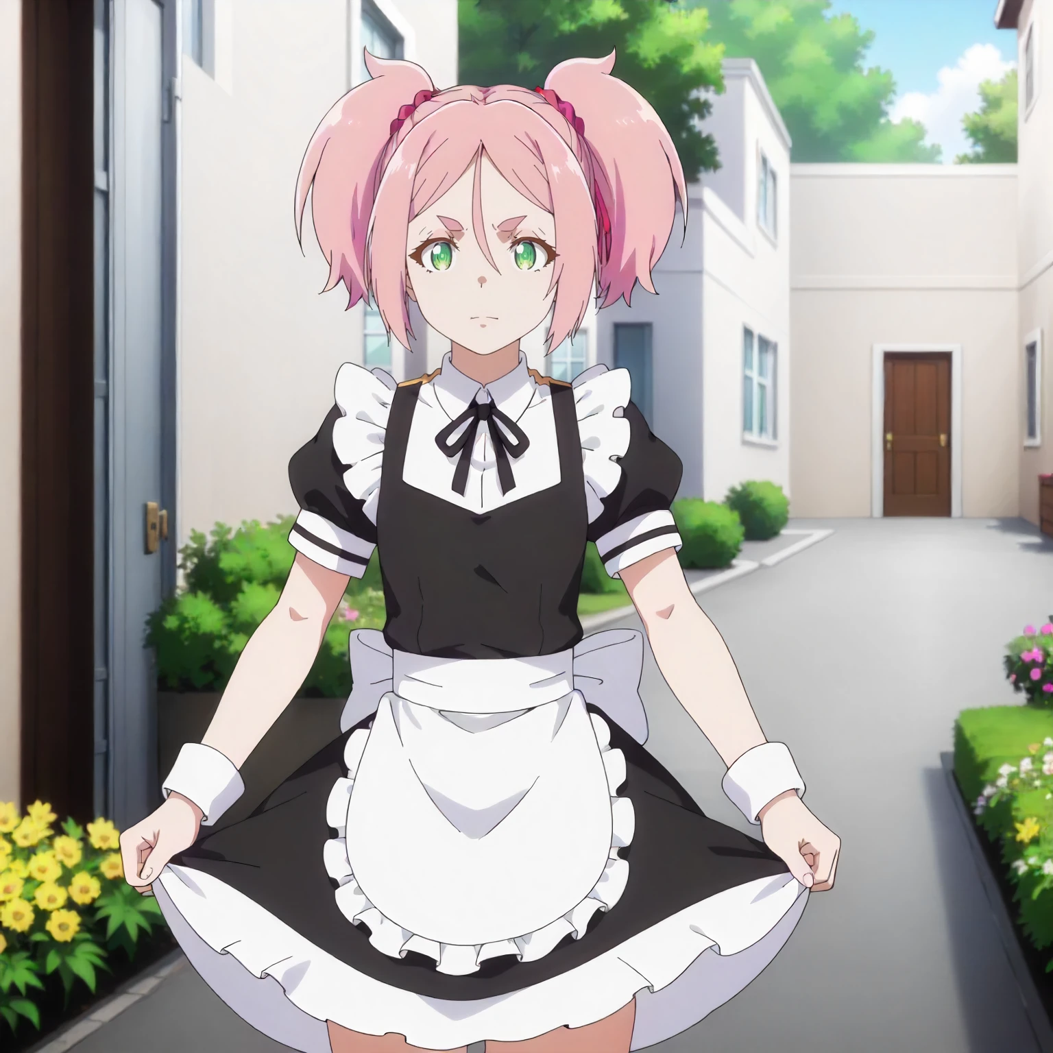 <lora:SSnVR_MomoXLpony001>,
outdoors,nature,
solo,
Momo,1girl,pink hair,short twintails,hair scrunchie,thick eyebrows,short eyebrows,green eyes,
standing,
maid,