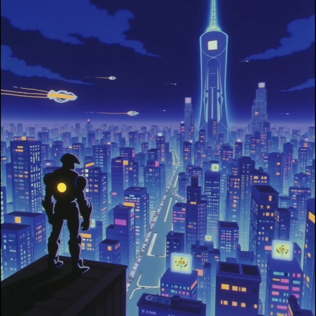 Anime screencap, a futuristic cityscape with towering skyscrapers and neon lights. A cybernetic warrior stands on a rooftop, his mechanical arm glowing with energy. Below, flying cars zip through the air, and holographic advertisements flicker in the night. The warrior’s gaze is fixed on a distant, ominous tower. Retro anime style