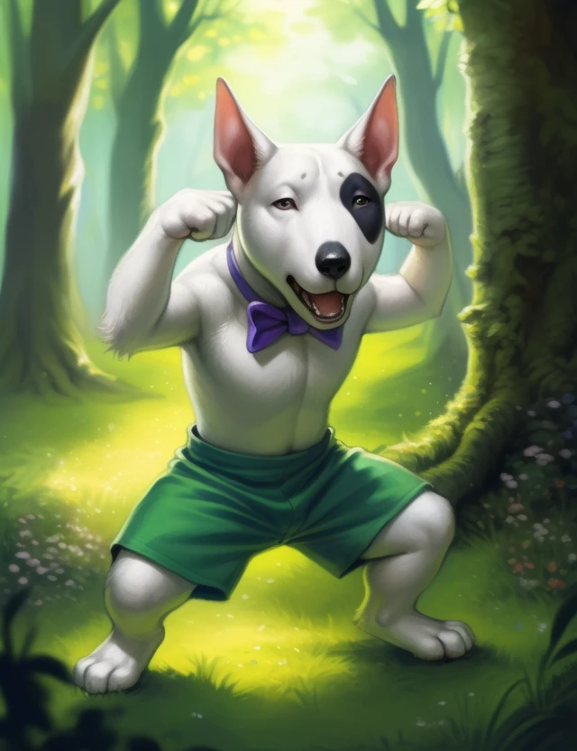 <lora:PochiDogTetsuYif:1> PochiDogTetsu, Bull terrier, green shorts, bow tie, black spot on the eye, (chibi,)
 Looks at the viewer, (fighting stance, angry pose)
[ large window, (nature), forest, grass, day shining, clouds  ]
 (beautiful, aesthetic, perfect, delicate, intricate, saturated colors), masterpiece, digital drawing, best quality, 
[by kenket|by totesfleisch8], by thebigslick:by silverfox5213:0.8], [by syuro, by paloma-paloma::0.2, (Tricksta, TotesFleisch8)