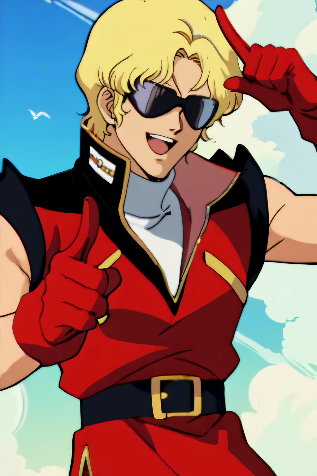 score_9, score_8_up, score_7_up, source_anime, rating_safe, intricate details, anime screencap, official style, 1boy, <lora:Quattro_Bajeena:1>, quattro, blonde hair, (opaque sunglasses), red military uniform, red gloves, belt, uniform, smile, retro artstyle, upper body, pointing at viewer, open mouth, indoor