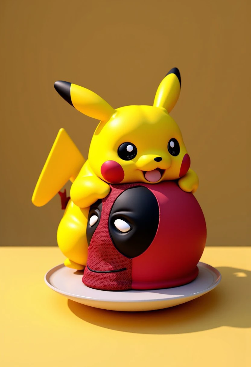 a 3d image of vpzdxizz, pikachu eating a slice of deadpool's head but it's just like a cake and made of icing