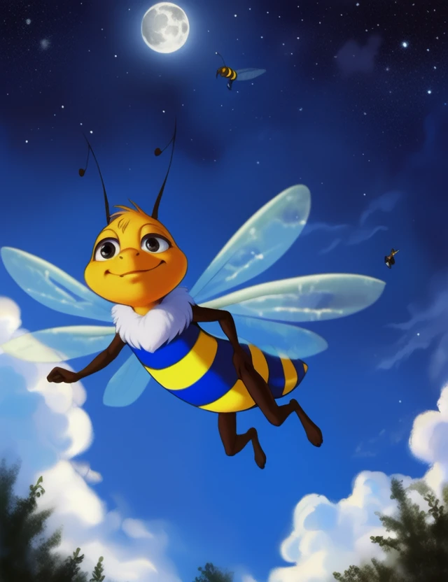 <lora:ClaudioBarberbieniYif:1> ClaudioBarberbieni, Bee, yellow blue stripes, insect wings, insect, (Chibi,) 
looking down at viewer,  [ forest with , ((night)), moon, trees, stars,]   flies, flight, flies in the clouds, worm's-eye view,
[ large window, (nature), forest, grass, day shining, clouds, flowers,  ]
(beautiful, aesthetic, perfect, delicate, intricate), masterpiece, digital drawing, best quality, AS-YoungerV2:0.6, AS-YoungestV2:0.5,
[by kenket|by totesfleisch8], by thebigslick:by silverfox5213:0.8], [by syuro, by paloma-paloma::0.2, (Tricksta, TotesFleisch8)