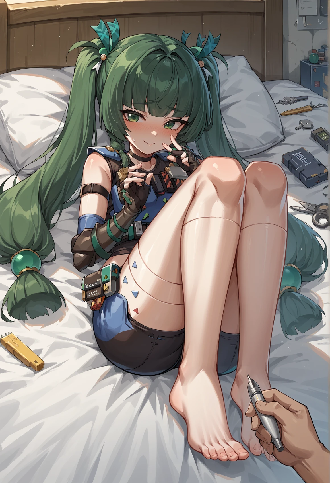 1girl, very long hair, green hair, green eyes, twintails, hair ornament, body markings, humanoid robot, robot joints, armor, load bearing vest, pouch, sleeveless, gauntlets, fingerless gloves, shorts, barefoot, laying, on back, indoors, bed, bedroom sheets, nervous smile, pov hand, holding screwdriver <lora:Qingyi_ZZZ:1>, score_9, score_8_up, score_7_up, score_6_up, score_5_up, score_4_up, BREAK source_anime, masterpiece