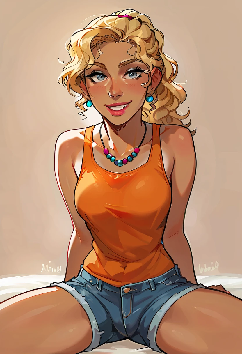 score_9, score_8_up, score_7_up, score_6_up, score_5_up, 1girl, 18 year old girl, blonde hair, stormy grey eyes, looking  at viewer, medium breasts, facing viewer, simple background, cel shaded, tank top, blue shorts, jean shorts, smiling, happy, very lightly tanned skin and a slender athletic body, long honey-blond hair set in perfect princess curls like Cinderella, ponytail, (sleeveless shirt), good hands, string necklace with a few beads at the front,  <lora:Smooth Anime Style LoRA XL:1> <lora:incase---1:0.8> <lora:add-detail-xl:0.4> <lora:Expressive_H:0.7>, orange tank, <lora:15_AnnabethChase:0.6>, Annabeth, legs spread, sitting on ground, full legs showing, hands behind back, zoomed out