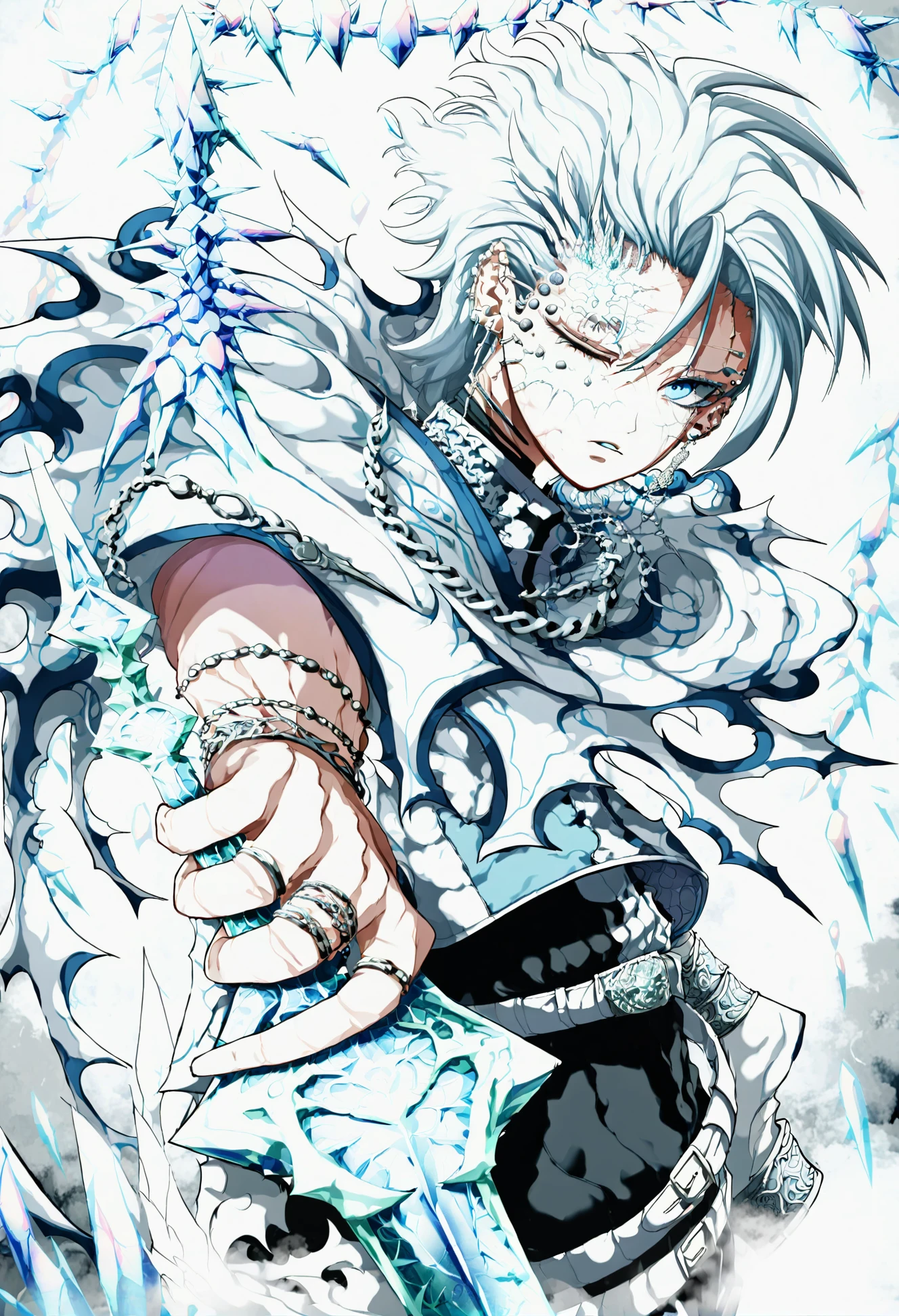 masterpiece, best quality,solo, jewelry, 1boy, male focus, ring, holding, ice, weapon, one eye closed, belt, holding weapon, white hair, looking at viewer, blue eyes, earrings, short hair, piercing, blue theme, multiple rings, ear piercing, scar, parted lips, bracelet, upper body, sword, white background, holding sword 
<lora:OsuXLlokr4f-000185:0.95>