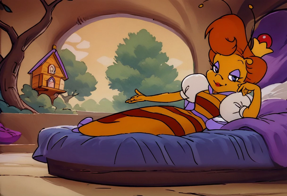 Score 9, Score_8_up, Score_7_up, source furry, (full body in frame:2.0), crown, cartoon, Queenie, honeybee girl, solo, (tree house:1.4), indoors, puffy sleeves, dress, yellow skin, antennae, smile, honeybee, 3/4 side view, looking at viewer, sexy pose, seductive eyes, lying on bed,