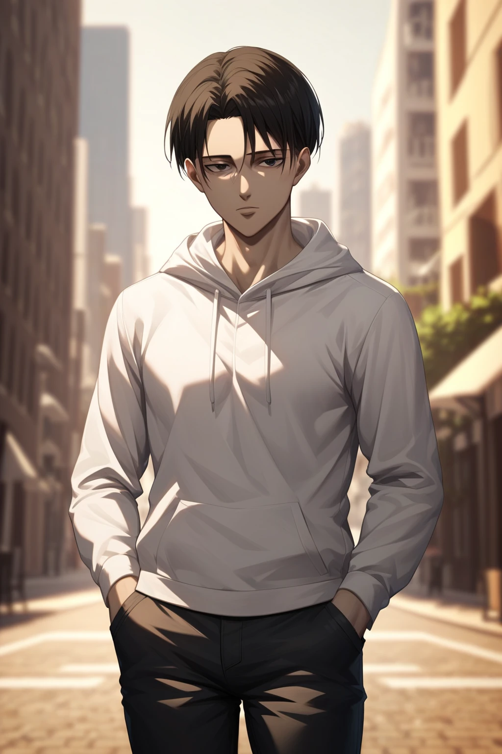 score_9, score_8_up, score_7_up, source_anime, highly detailed, novel illustration, wallpaper, beautiful details,levi ackerman, 1boy, black hair, black eyes, curtained hair, solo, looking at viewer, white hoodie, black pants, jeans, hands in pocket, standing, cowboy shot, city, street, outdoors,,