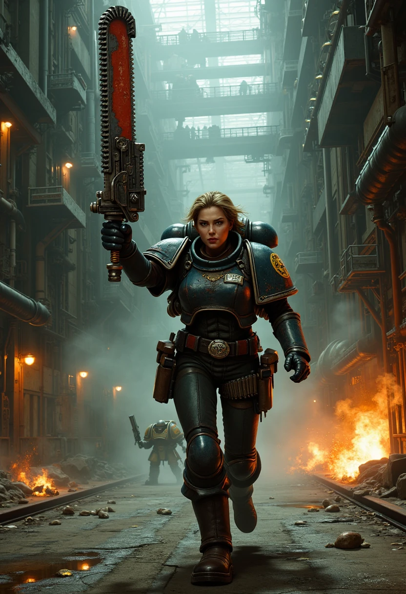 Amidst the labyrinthine corridors of a sprawling industrial complex, a brave female Imperial Guard trooper charges into battle, her chainsword held roaring to life above her head with a deafening growl. The complex is a maze of towering machinery, rusted catwalks, and pipes that hiss with steam, illuminated by the flickering light of malfunctioning overhead lamps. The air is thick with the smell of oil, metal, and the acrid tang of burning promethium, while the distant sounds of battle echo through the vast, cavernous space.

The trooper's flak armor is scratched and battered, the insignia of the Imperial Guard barely visible beneath the grime and soot. Her face, partially obscured by a worn helmet, is set in a fierce expression of determination and grit. Her eyes, sharp and focused, scan the dimly lit environment for threats as she advances. The photorealistic detail emphasizes the raw power of the chainsword, its rotating teeth gleaming under the harsh industrial lighting as it slices through the air, ready to tear into anything that dares to cross her path.

In the background, shadows loom as enemy combatants emerge from behind machinery and conveyor belts, their forms barely visible through the swirling smoke and steam. The trooper’s boots clang against the metal floor as she moves with purpose, her chainsword leading the way. The sparks fly as the weapon makes contact with metal and flesh alike, the sound of grinding gears and tearing metal filling the air. The scene is a vivid portrayal of desperation and bravery, as the lone trooper fights her way through the hostile environment, her every move a testament to the indomitable spirit of the Imperial Guard.