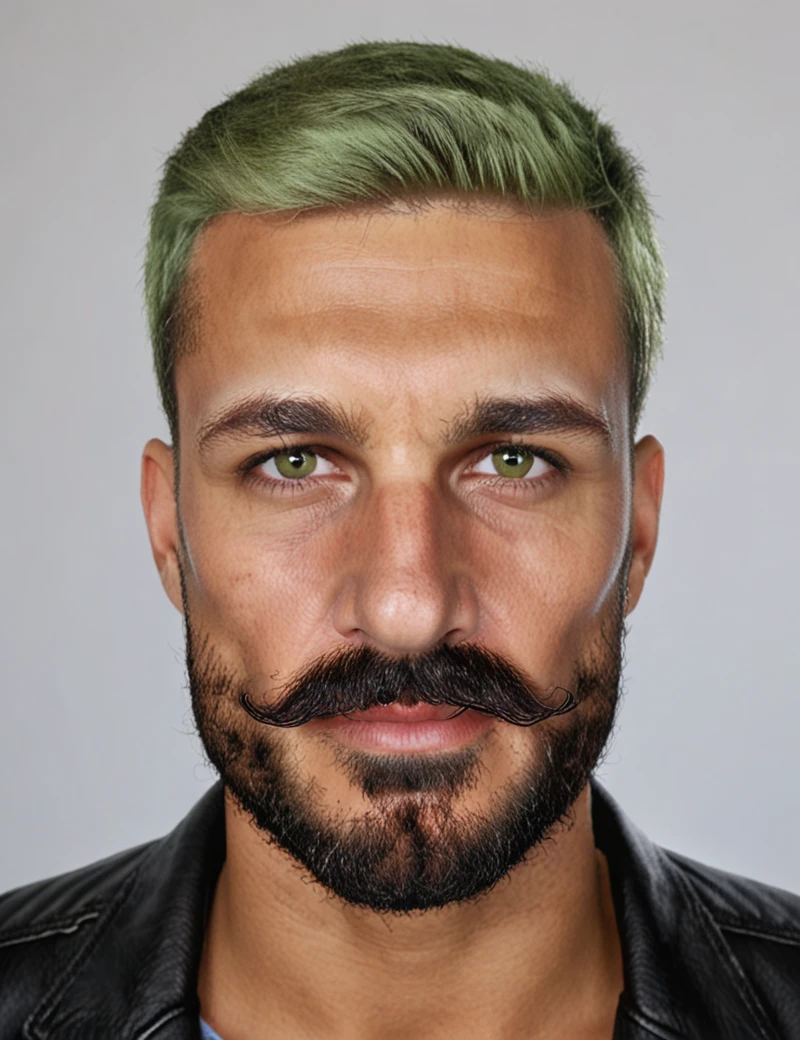 carlosvibrant, close up, portrait, thick brows, male focus, green brown eyes, short blonde hair, black mustache, black short beard, spanish, latin, looking at viewer, wear a black leather jacket, living room<lora:CarlosVibrant:0.85>, Photorealistic, Hyperrealistic, Hyperdetailed, analog style, soft lighting, subsurface scattering, realistic, heavy shadow, masterpiece, best quality, ultra realistic, 8k, golden ratio, Intricate, High Detail, film photography, soft focus